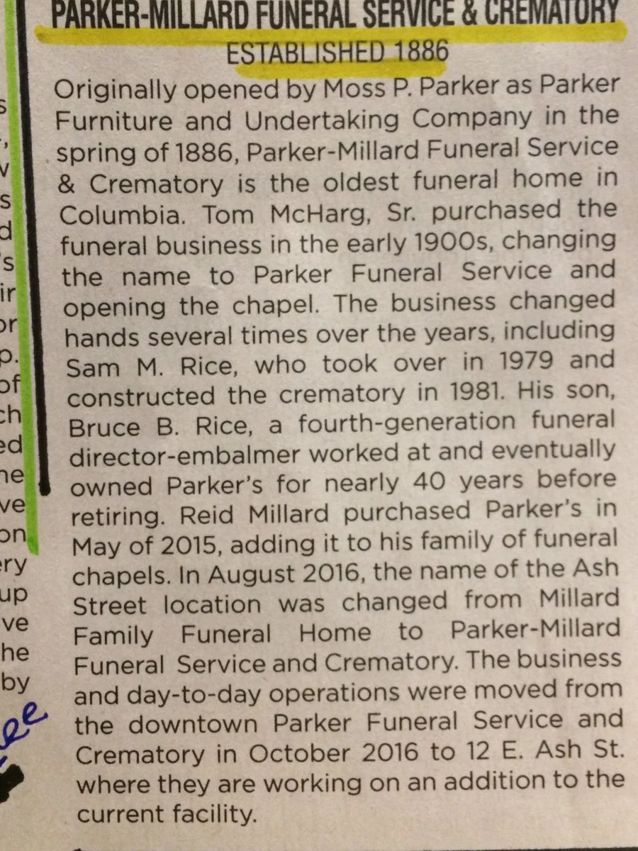 Newspaper clipping: Parker-Millard Funeral Service & Crematory, established 1886