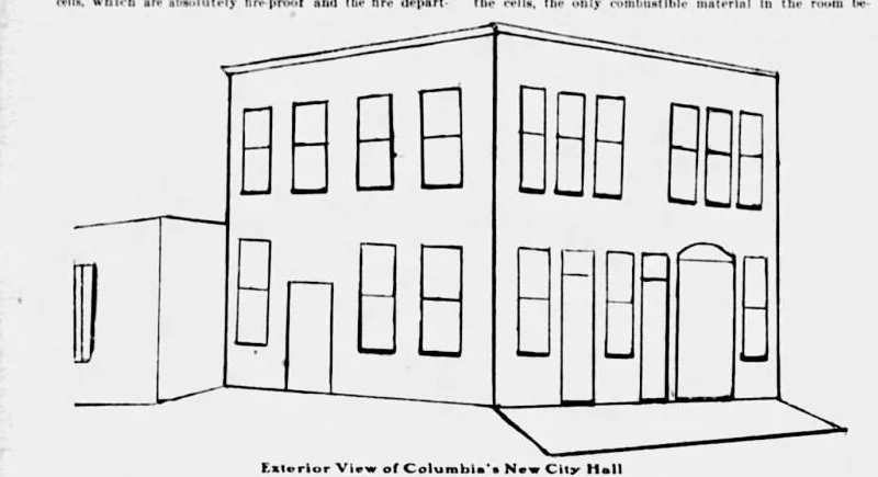 1901 newspaper drawing of the new two-story brick city hall on Ninth Street