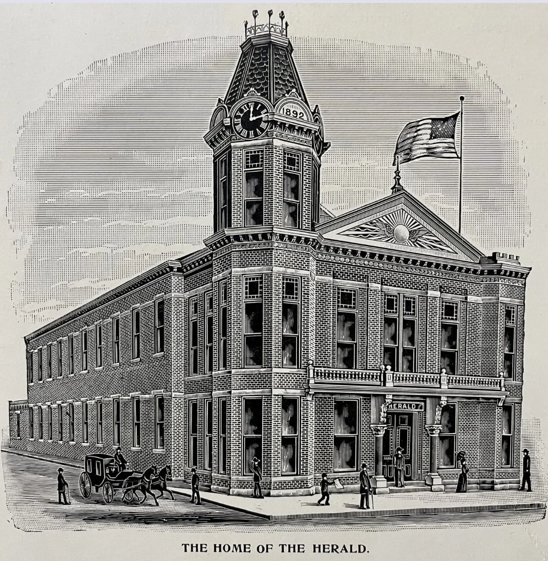 Engraving titled The Home of the Herald, showing the two-story brick building with a corner clock tower dated 1892, a sunburst gable and a flag, with a horse-drawn carriage on the street